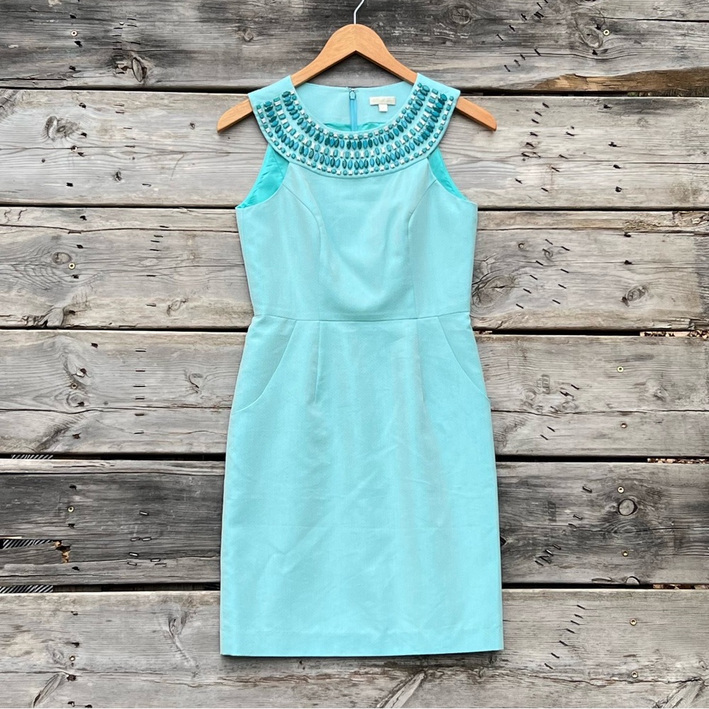 0 Shoshanna Cotton Blue Bodycon Beaded Halter Dress Women’s